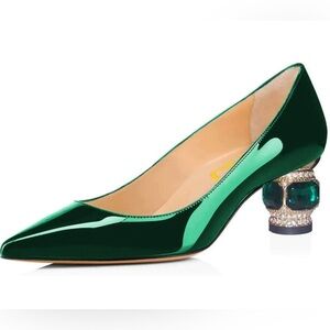 FSJ Women Bridal Pointed Toe Chunky Block Low Heel Crystal Pumps Slip on